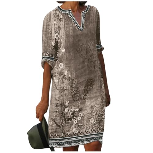 Sommerkleid Damen Knielang Tunika Kleid Sommer Elegant V Ausschnitt Casual Sommerkleider Damen Leicht Und Luftig Boho Strandkleid Halbarm Damenkleider Frauen A Linie Locker Kleider Vintage von FUPODD