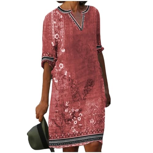 Sommerkleid Damen Knielang Tunika Kleid Sommer Elegant V Ausschnitt Casual Sommerkleider Damen Leicht Und Luftig Boho Strandkleid Halbarm Damenkleider Frauen A Linie Locker Kleider Vintage von FUPODD