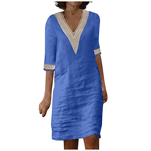 Sommerkleid Damen Knielang Tunika Kleid Sommer Elegant V Ausschnitt Casual Sommerkleider Damen Leicht Und Luftig Boho Strandkleid Halbarm Damenkleider Frauen A Linie Locker Kleider Vintage von FUPODD