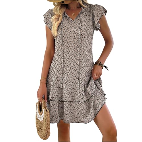 Sommerkleid Damen Kurz Elegant Kleider Sommer A Linie Wabenmuster Boho Kleid Rüschen Doppellagig Sommerkleider Leicht Und Luftig Volantärmeln Strandkleid Frauen V Ausschnitt Kordelausschnitt von FUPODD