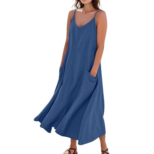 Sommerkleid Damen Lang A Linie Elegant Trägerkleid Locker Boho Kleid Mit Taschen Strandkleid Baumwolle Leinen Sommerkleider Leicht Und Luftig Spaghettiträger Maxi Kleider Frauen V Ausschnitt von FUPODD