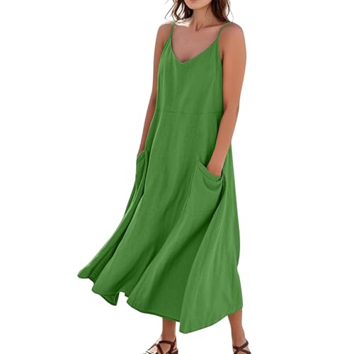 Sommerkleid Damen Lang A Linie Elegant Trägerkleid Locker Boho Kleid Mit Taschen Strandkleid Baumwolle Leinen Sommerkleider Leicht Und Luftig Spaghettiträger Maxi Kleider Frauen V Ausschnitt von FUPODD