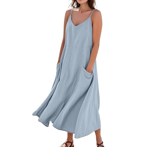 Sommerkleid Damen Lang A Linie Elegant Trägerkleid Locker Boho Kleid Mit Taschen Strandkleid Baumwolle Leinen Sommerkleider Leicht Und Luftig Spaghettiträger Maxi Kleider Frauen V Ausschnitt von FUPODD