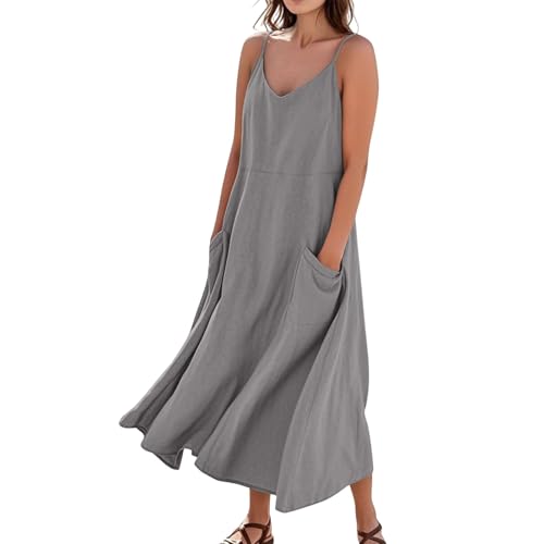 Sommerkleid Damen Lang A Linie Elegant Trägerkleid Locker Boho Kleid Mit Taschen Strandkleid Baumwolle Leinen Sommerkleider Leicht Und Luftig Spaghettiträger Maxi Kleider Frauen V Ausschnitt von FUPODD