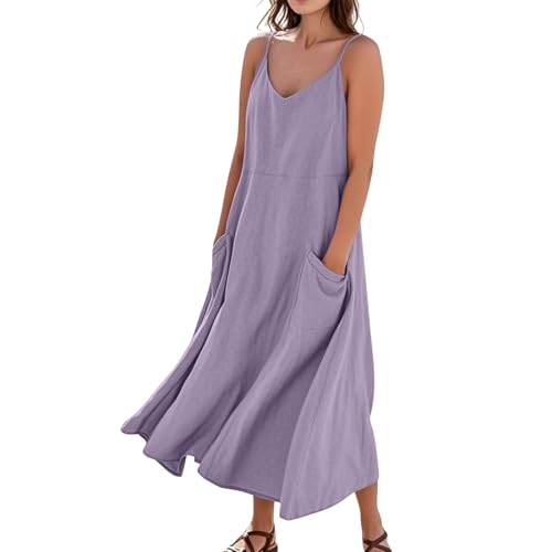 Sommerkleid Damen Lang A Linie Elegant Trägerkleid Locker Boho Kleid Mit Taschen Strandkleid Baumwolle Leinen Sommerkleider Leicht Und Luftig Spaghettiträger Maxi Kleider Frauen V Ausschnitt von FUPODD
