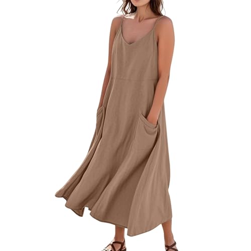Sommerkleid Damen Lang A Linie Elegant Trägerkleid Locker Boho Kleid Mit Taschen Strandkleid Baumwolle Leinen Sommerkleider Leicht Und Luftig Spaghettiträger Maxi Kleider Frauen V Ausschnitt von FUPODD