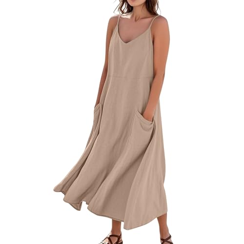 Sommerkleid Damen Lang A Linie Elegant Trägerkleid Locker Boho Kleid Mit Taschen Strandkleid Baumwolle Leinen Sommerkleider Leicht Und Luftig Spaghettiträger Maxi Kleider Frauen V Ausschnitt von FUPODD