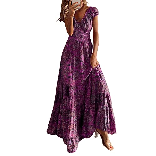 Sommerkleid Damen Lang A Linie Korsett Maxikleider Vintage Blumen Kleider Frauen Sommer Elegant V Ausschnitt Sommerkleider Leicht Und Luftig Damenkleider Maxi Schwingen Blumenkleid Kurzarm von FUPODD