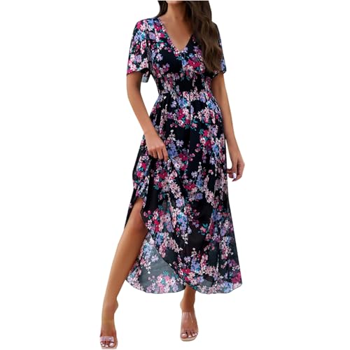 Sommerkleid Damen Lang Blumen Kleider Sommer Maxi A Linie Elegant Sommerkleider Damen Leicht Und Luftig Maxikleid Kurzarm V Ausschnitt Italienische Blumenkleid Hohe Taille Tailliert Schwingen von FUPODD