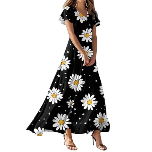 Sommerkleid Damen Lang Chiffon Blumen Maxikleid Elegant Italienische Kleider Maxi A Linie Geblümt Sommerkleider Leicht Und Luftig Chiffonkleid Frauen Sommer V Ausschnitt Kleid Flatterärmel von FUPODD