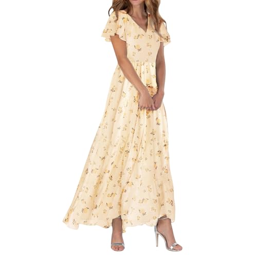 Sommerkleid Damen Lang Chiffon Geblümt Maxikleid Elegant Italienische Kleider Maxi A Linie Chiffonkleid Frauen Sommer Blumen V Ausschnitt Sommerkleider Leicht Und Luftig Kleid Flatterärmel von FUPODD