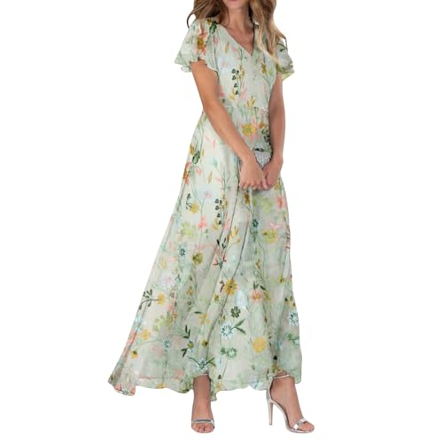 Sommerkleid Damen Lang Chiffon Geblümt Maxikleid Elegant Italienische Kleider Maxi A Linie Sommerkleider Leicht Und Luftig Chiffonkleid Frauen Sommer Blumen V Ausschnitt Kleid Flatterärmel von FUPODD