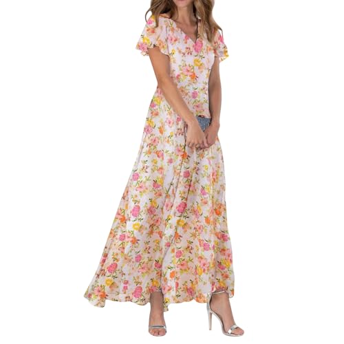 Sommerkleid Damen Lang Chiffon Geblümt Maxikleid Elegant Italienische Kleider Maxi A Linie Sommerkleider Leicht Und Luftig Chiffonkleid Frauen Sommer Blumen V Ausschnitt Kleid Flatterärmel von FUPODD