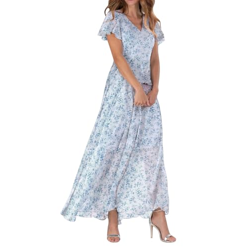 Sommerkleid Damen Lang Chiffon Geblümt Maxikleid Elegant Italienische Kleider Maxi A Linie Sommerkleider Leicht Und Luftig Chiffonkleid Frauen Sommer Blumen V Ausschnitt Kleid Flatterärmel von FUPODD