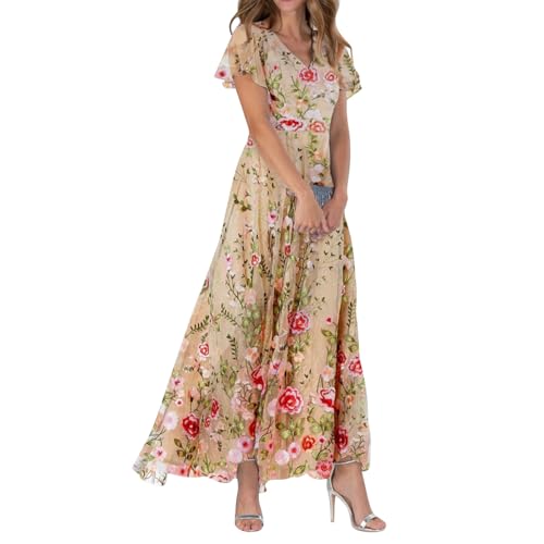 Sommerkleid Damen Lang Chiffon Geblümt Maxikleid Elegant Italienische Kleider Maxi A Linie Sommerkleider Leicht Und Luftig Chiffonkleid Frauen Sommer Blumen V Ausschnitt Kleid Flatterärmel von FUPODD