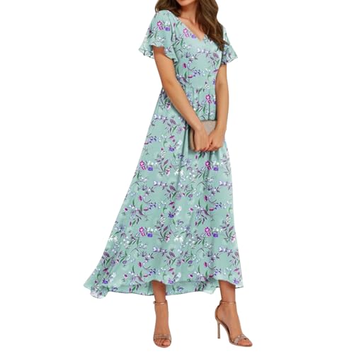 Sommerkleid Damen Lang Chiffon Geblümt Maxikleid Elegant Italienische Kleider Maxi A Linie Sommerkleider Leicht Und Luftig Chiffonkleid Frauen Sommer Blumen V Ausschnitt Kleid Flatterärmel von FUPODD