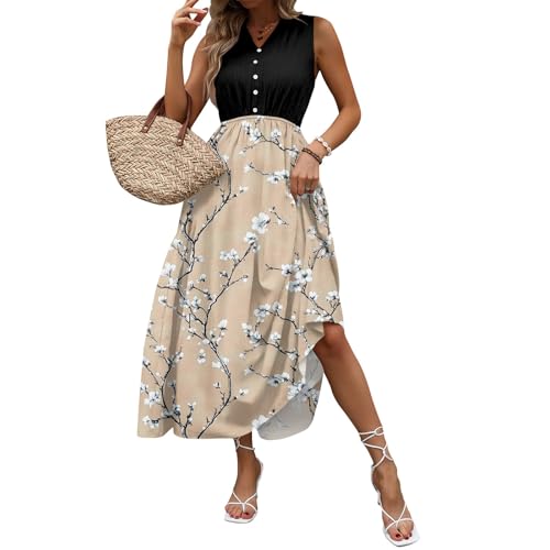 Sommerkleid Damen Lang Elegant Blumen Kleider Damen Sommer A Linie Sommerkleider Leicht Und Luftig Strandkleid Maxi Italienische Kleid Frauen Floral Maxikleider Ärmellos V Ausschnitt Knöpfe von FUPODD