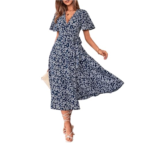 Sommerkleid Damen Lang Elegant Blumen Wickelkleid Sommer Geblümt Sommerkleider Leicht Und Luftig Kleider Maxi A Linie Blumenkleid Langes Kurzarm Wickel Freizeitkleider V Ausschnitt mit Gürtel von FUPODD