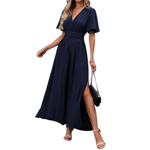 Sommerkleid Damen Lang Elegant Kleider Damen Festlich Maxi Wickelkleid V Ausschnitt A Linie Sommerkleider Leicht Und Luftig Maxikleid Tailliert Kleid Hochzeitsgast Frauen Elegante mit Schlitz von FUPODD