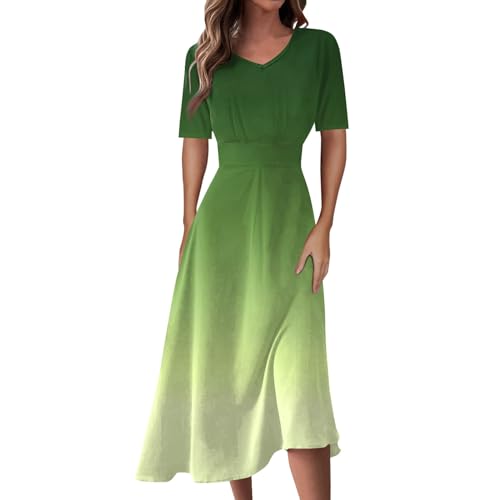 Sommerkleid Damen Lang Elegant Kleider Sommer Shirtkleid Midi A-Linien Sommerkleider Leicht Und Luftig Tunika Kleid Frauen Kurzarm Strandkleid Hohe Taille Wadenlang Midikleid Farbverlauf von FUPODD