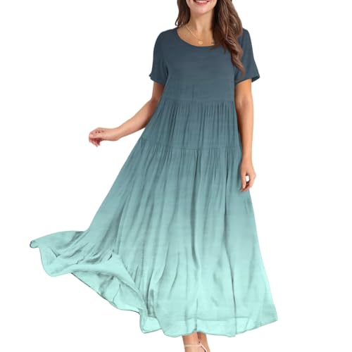 Sommerkleid Damen Lang Elegant Maxikleid Damen Sommer A Linie Plissee Sommerkleider Leicht Und Luftig Italienische Kleider Maxi Kurzarm Weite Kleid Frauen Große Größen Strandkleid Schwingen von FUPODD