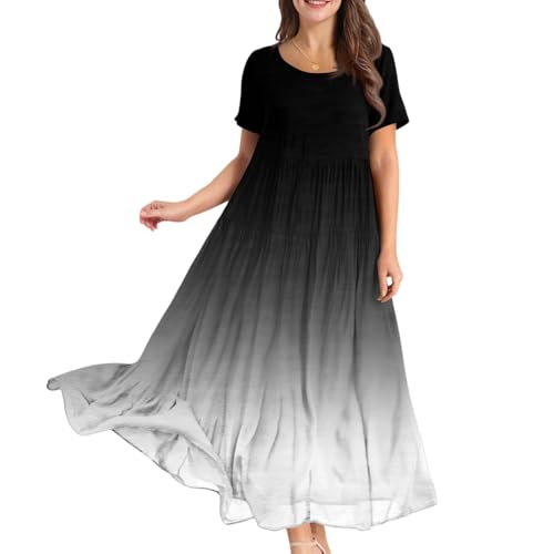 Sommerkleid Damen Lang Elegant Maxikleid Damen Sommer A Linie Plissee Sommerkleider Leicht Und Luftig Italienische Kleider Maxi Kurzarm Weite Kleid Frauen Große Größen Strandkleid Schwingen von FUPODD