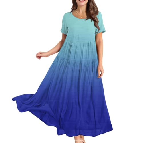Sommerkleid Damen Lang Elegant Maxikleid Damen Sommer A Linie Plissee Sommerkleider Leicht Und Luftig Italienische Kleider Maxi Kurzarm Weite Kleid Frauen Große Größen Strandkleid Schwingen von FUPODD