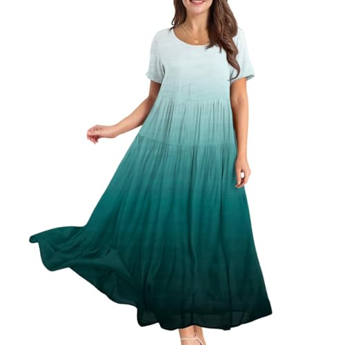 Sommerkleid Damen Lang Elegant Maxikleid Damen Sommer A Linie Plissee Sommerkleider Leicht Und Luftig Italienische Kleider Maxi Kurzarm Weite Kleid Frauen Große Größen Strandkleid Schwingen von FUPODD