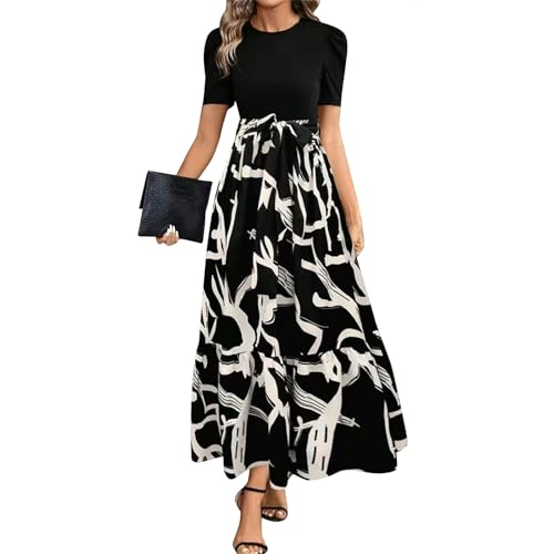 Sommerkleid Damen Lang Elegant Maxikleid Sommer Kurzarm Plissee Kleider Frauen Lässig Kleid A Linie Rüschen Patchwork Sommerkleider Leicht Und Luftig Party Strandkleid Hohe Taille Mit Gürtel von FUPODD