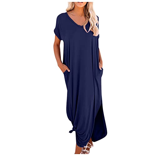 Sommerkleid Damen Lang Elegant Tunika Kleid Damen Sommer Einfarbig Kleider Frauen Locker Sommerkleider Leicht und Luftig Strandkleid mit Ärmeln Maxikleid Große Größen Freizeitkleider A-Linien von FUPODD
