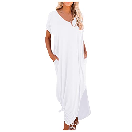 Sommerkleid Damen Lang Elegant Tunika Kleid Damen Sommer Einfarbig Kleider Frauen Locker Sommerkleider Leicht und Luftig Strandkleid mit Ärmeln Maxikleid Große Größen Freizeitkleider A-Linien von FUPODD