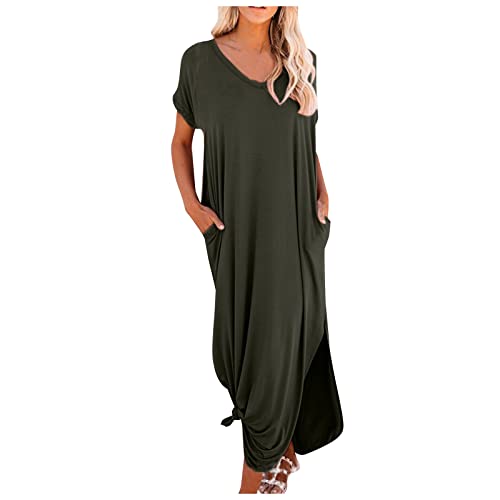 Sommerkleid Damen Lang Elegant Tunika Kleid Damen Sommer Einfarbig Kleider Frauen Locker Sommerkleider Leicht und Luftig Strandkleid mit Ärmeln Maxikleid Große Größen Freizeitkleider A-Linien von FUPODD