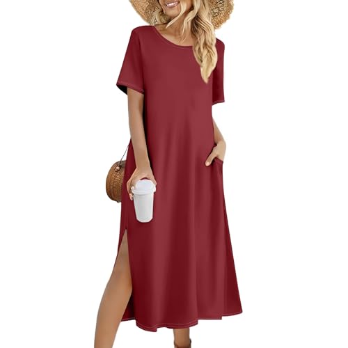 Sommerkleid Damen Lang Elegant Tunika Kleid Damen Sommer Einfarbig Kleider Frauen Locker Sommerkleider Leicht und Luftig Strandkleid mit Ärmeln Maxikleid Große Größen Freizeitkleider A-Linien von FUPODD