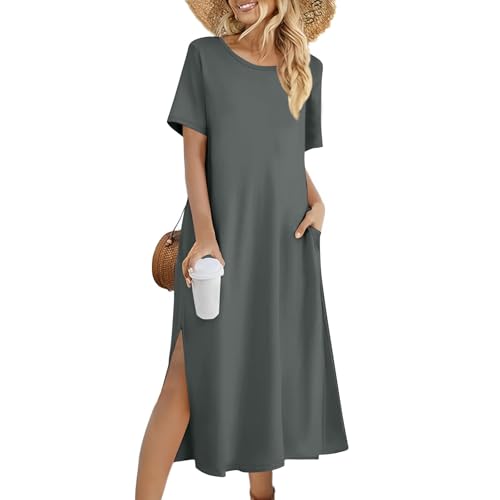 Sommerkleid Damen Lang Elegant Tunika Kleid Damen Sommer Einfarbig Kleider Frauen Locker Sommerkleider Leicht und Luftig Strandkleid mit Ärmeln Maxikleid Große Größen Freizeitkleider A-Linien von FUPODD