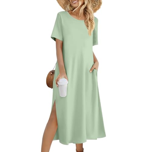 Sommerkleid Damen Lang Elegant Tunika Kleid Damen Sommer Einfarbig Kleider Frauen Locker Sommerkleider Leicht und Luftig Strandkleid mit Ärmeln Maxikleid Große Größen Freizeitkleider A-Linien von FUPODD