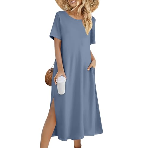 Sommerkleid Damen Lang Elegant Tunika Kleid Damen Sommer Einfarbig Kleider Frauen Locker Sommerkleider Leicht und Luftig Strandkleid mit Ärmeln Maxikleid Große Größen Freizeitkleider A-Linien von FUPODD