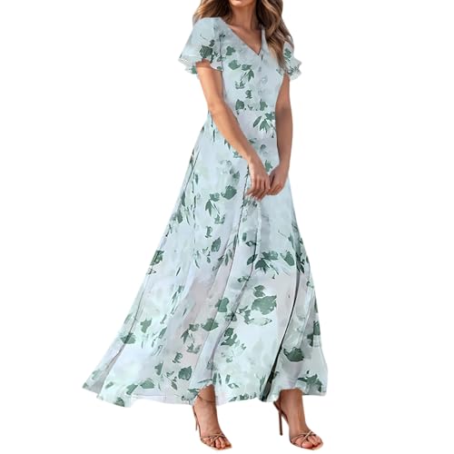Sommerkleid Damen Lang Kleid Elegant Blumenkleid V Ausschnitt Chiffon Sommerkleider Leicht Und Luftig Strandkleid Flatterärmel Blumen A Linie Kleider Frauen Sommer Partykleid Maxi Schwingen von FUPODD