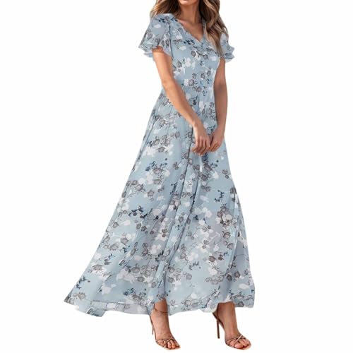 Sommerkleid Damen Lang Kleid Elegant Blumenkleid V Ausschnitt Chiffon Sommerkleider Leicht Und Luftig Strandkleid Flatterärmel Blumen A Linie Kleider Frauen Sommer Partykleid Maxi Schwingen von FUPODD