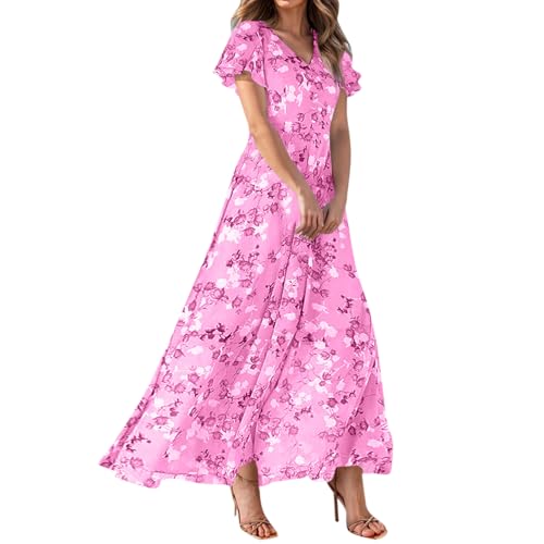 Sommerkleid Damen Lang Kleid Elegant Blumenkleid V Ausschnitt Chiffon Sommerkleider Leicht Und Luftig Strandkleid Flatterärmel Blumen Kleider Frauen Sommer A Linie Maxi Partykleid Schwingen von FUPODD