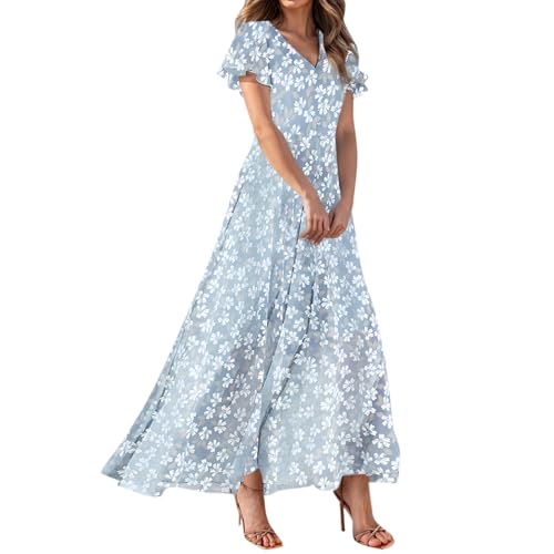 Sommerkleid Damen Lang Kleid Elegant Blumenkleid V Ausschnitt Chiffon Sommerkleider Leicht Und Luftig Strandkleid Flatterärmel Blumen A Linie Kleider Frauen Sommer Partykleid Maxi Schwingen von FUPODD