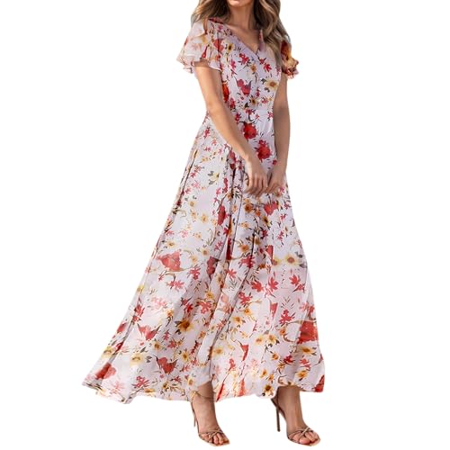 Sommerkleid Damen Lang Kleid Elegant Blumenkleid V Ausschnitt Chiffon Sommerkleider Leicht Und Luftig Strandkleid Flatterärmel Blumen Kleider Frauen Sommer A Linie Maxi Partykleid Schwingen von FUPODD