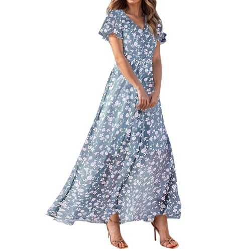 Sommerkleid Damen Lang Kleid Elegant Blumenkleid V Ausschnitt Chiffon Sommerkleider Leicht Und Luftig Strandkleid Flatterärmel Blumen A Linie Kleider Frauen Sommer Partykleid Maxi Schwingen von FUPODD