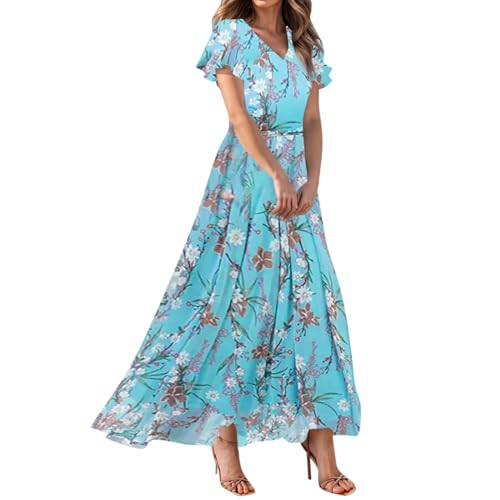 Sommerkleid Damen Lang Kleid Elegant Blumenkleid V Ausschnitt Chiffon Sommerkleider Leicht Und Luftig Strandkleid Flatterärmel Blumen Kleider Frauen Sommer A Linie Maxi Partykleid Schwingen von FUPODD