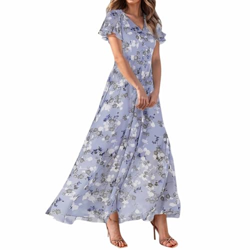 Sommerkleid Damen Lang Kleid Elegant Blumenkleid V Ausschnitt Chiffon Sommerkleider Leicht Und Luftig Strandkleid Flatterärmel Blumen Kleider Frauen Sommer A Linie Maxi Partykleid Schwingen von FUPODD