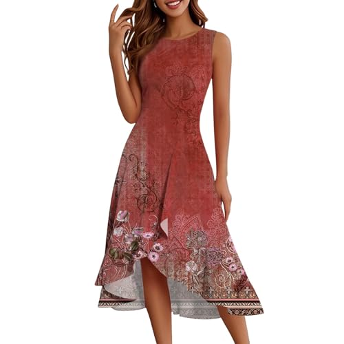 Sommerkleid Damen Lang Kleid Schwingendes Elegantes Kleider Blumenmuster Geblümt Sommerkleider Muster Bedruckt Strandkleid Midilänge Wickelkleid Bunt Farbblock Damenkleider Leichtes Luftiges von FUPODD