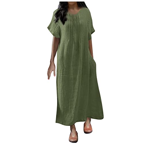 Sommerkleid Damen Lang Leinenkleid Sommer Mit Taschen Maxikleider Elegant Baumwolle Leinen Sommerkleider Leicht Und Luftig Maxi Kleider Boho Tunika Kleid Frauen Weite Strandkleid V Ausschnitt von FUPODD