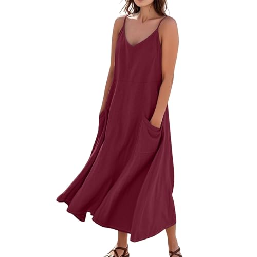 Sommerkleid Damen Lang Leinenkleid Spaghettiträger Kleider Damen Sommer A Linie Baumwolle Leinen Trägerkleid Locker Strandkleid Maxi Kleid mit Taschen Sommerkleider Frauen Leicht Und Luftig von FUPODD