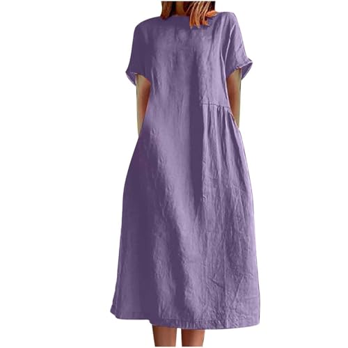 Sommerkleid Damen Lang Locker Midikleid Mit Taschen Elegant Kleider Damen Sommer Große Größen Kleid Midi A Linie Sommerkleider Frauen Leicht Und Luftig Kurzarm Strandkleid Baumwolle Leinen von FUPODD