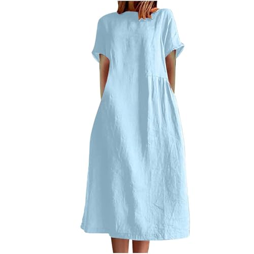 Sommerkleid Damen Lang Locker Midikleid Mit Taschen Elegant Kleider Damen Sommer Große Größen Kleid Midi A Linie Sommerkleider Frauen Leicht Und Luftig Kurzarm Strandkleid Baumwolle Leinen von FUPODD