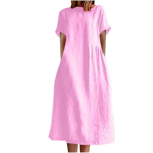 Sommerkleid Damen Lang Locker Midikleid Mit Taschen Elegant Kleider Damen Sommer Große Größen Kleid Midi A Linie Sommerkleider Frauen Leicht Und Luftig Kurzarm Strandkleid Baumwolle Leinen von FUPODD